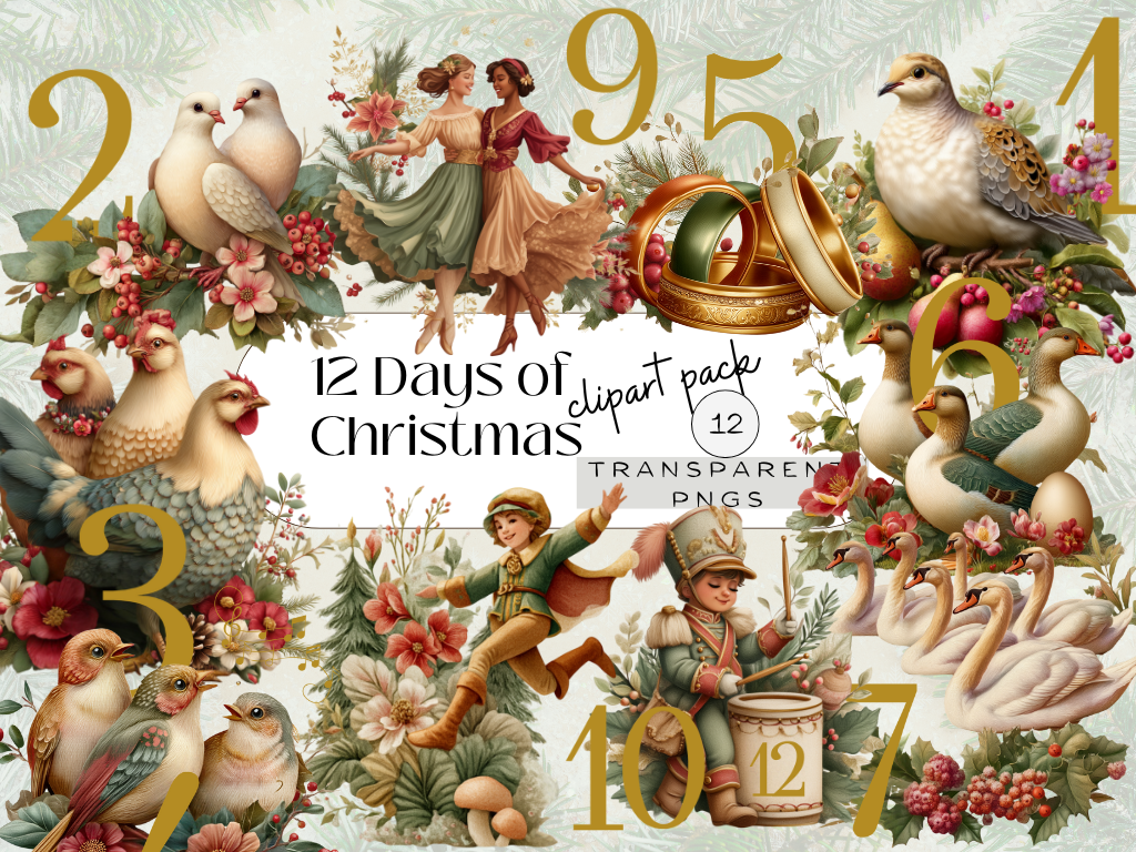 Preview of 12 Days of Christmas clipart pack cover – vintage holiday illustrations with birds, rings, dancers and musicians, digital PNG set from MyVibeSpace.