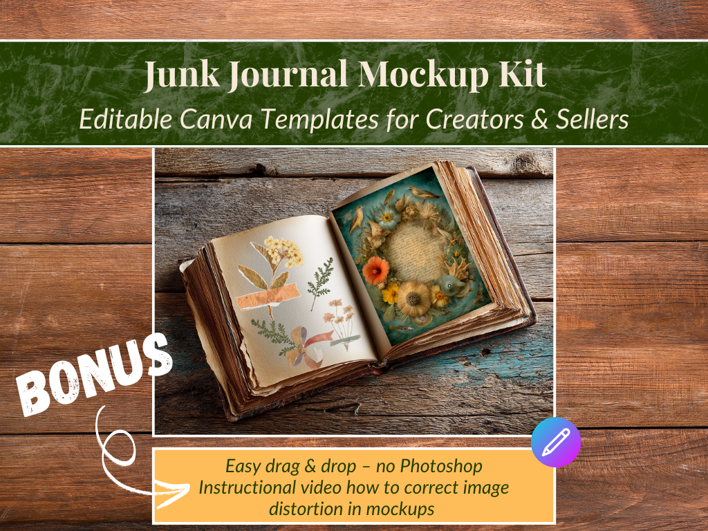 Preview of an open junk journal mockup kit with aged pages and floral embellishments from MyVibeSpace