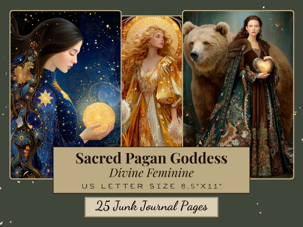 Preview of sacred feminine goddess portraits in blue and gold tones with celestial symbols, animals, and mystical pagan artwork themes from MyVibeSpace
